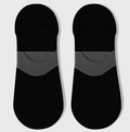 Men's loafer no show socks in black with a grey mesh heel, featuring a deep invisible cut. Shown as a flat-lay pair on a light backdrop.
