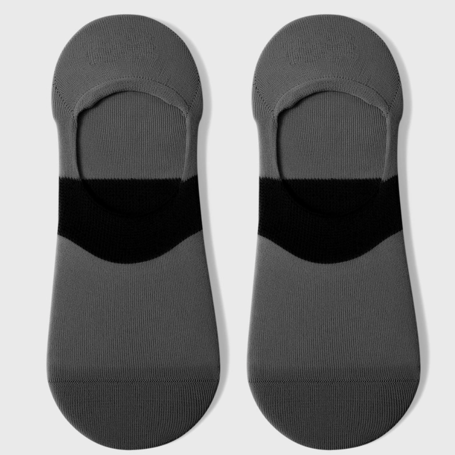 Men's loafer no show socks in grey with a black front panel, featuring a low invisible design. Displayed flat as a pair on a neutral surface.