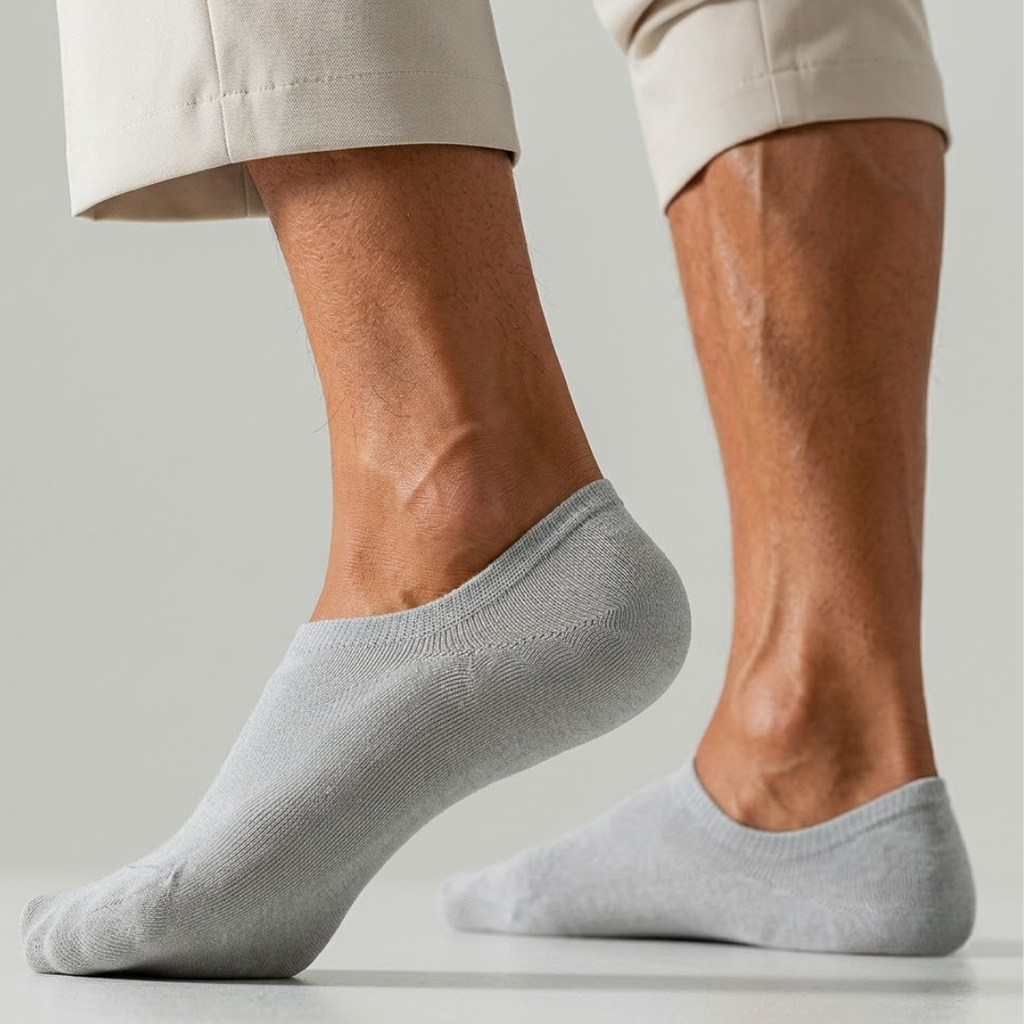 Men's low cut ankle socks in grey, featuring a no-show low-cut design. Worn on feet with light trousers.