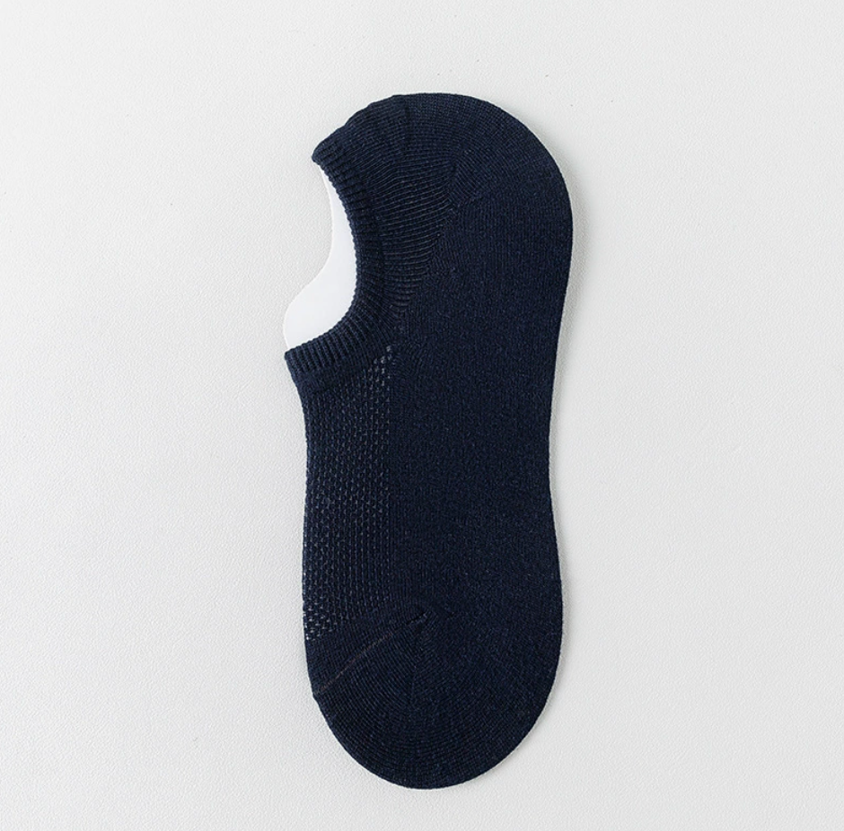 Men's low cut ankle socks in navy blue, featuring a mesh-knit low-cut body. Displayed flat on a neutral surface.
