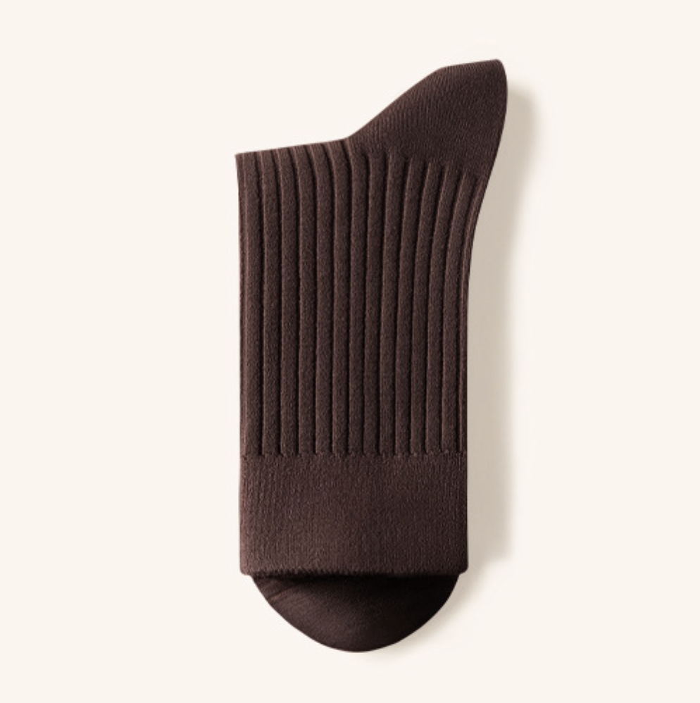 Men's merino wool dress socks in espresso brown ribbed wool, featuring a fine rib. Displayed flat on a neutral backdrop.