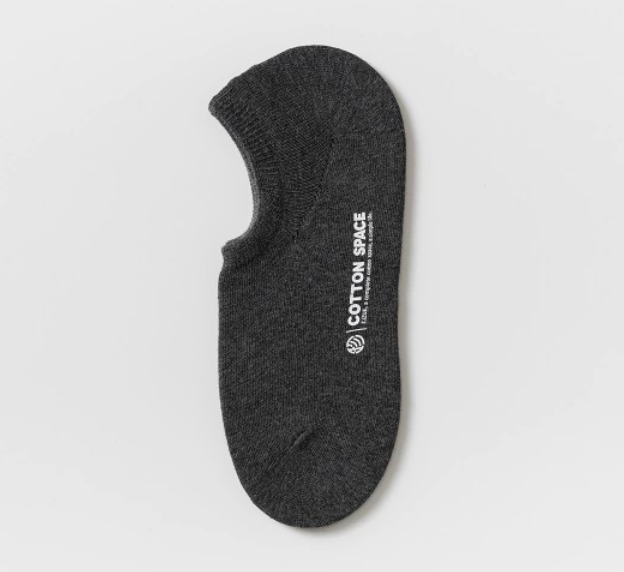 Men's no show socks in charcoal grey, featuring a deep low-cut design. Laid flat to show the hidden profile.