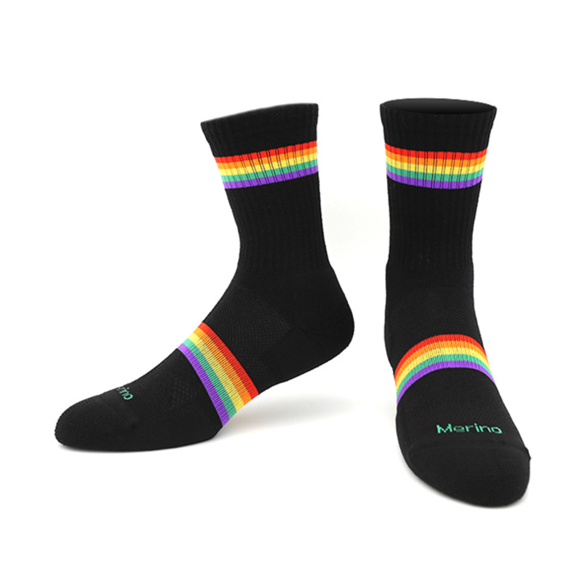 Men's rainbow merino wool quarter socks in black with rainbow stripes, featuring a bold multicolor cuff band. Shown as a standing pair.