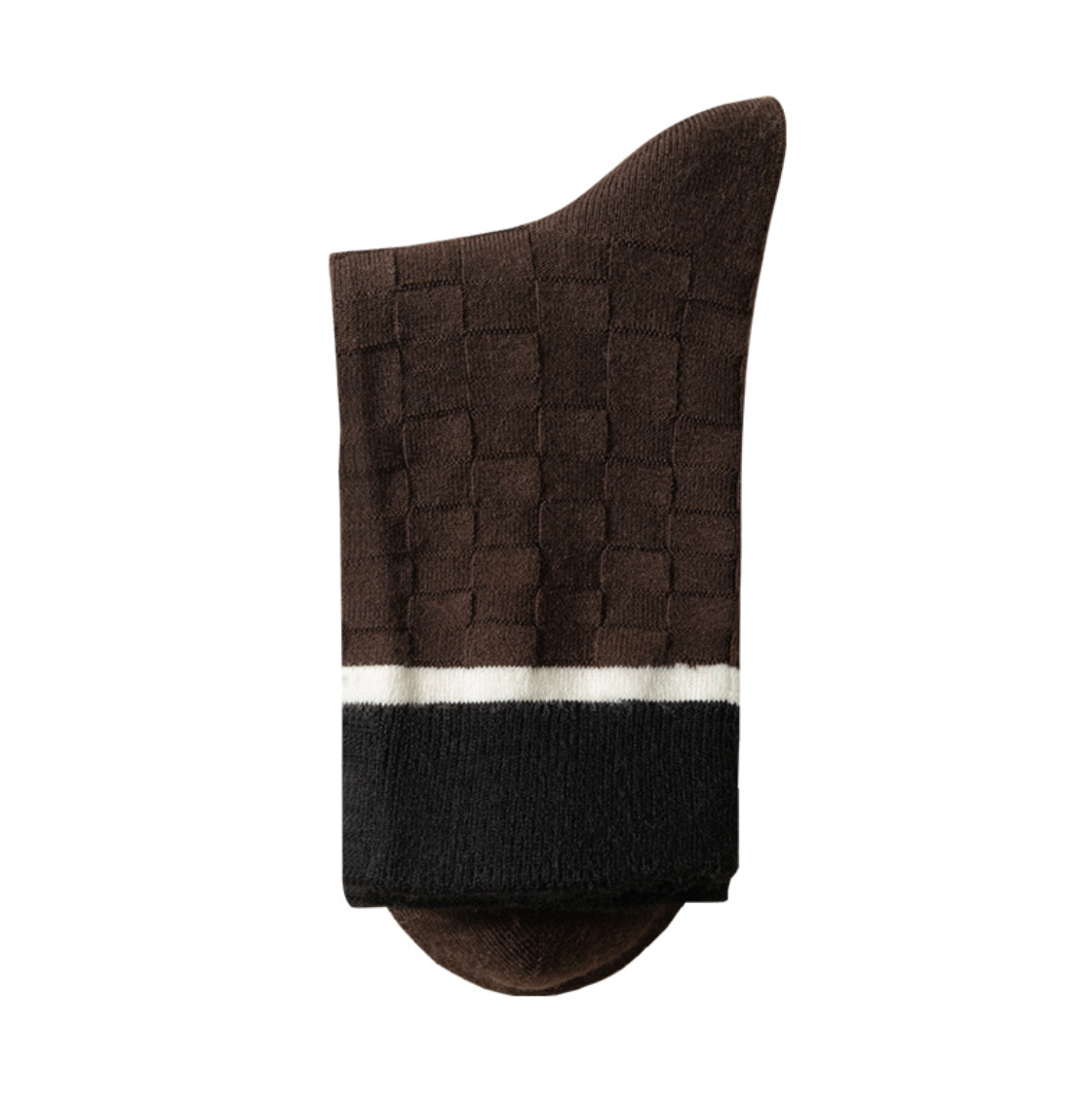 Men's wool dress socks in brown and black textured knit, featuring a white contrast stripe. Shown as a single flat-lay.