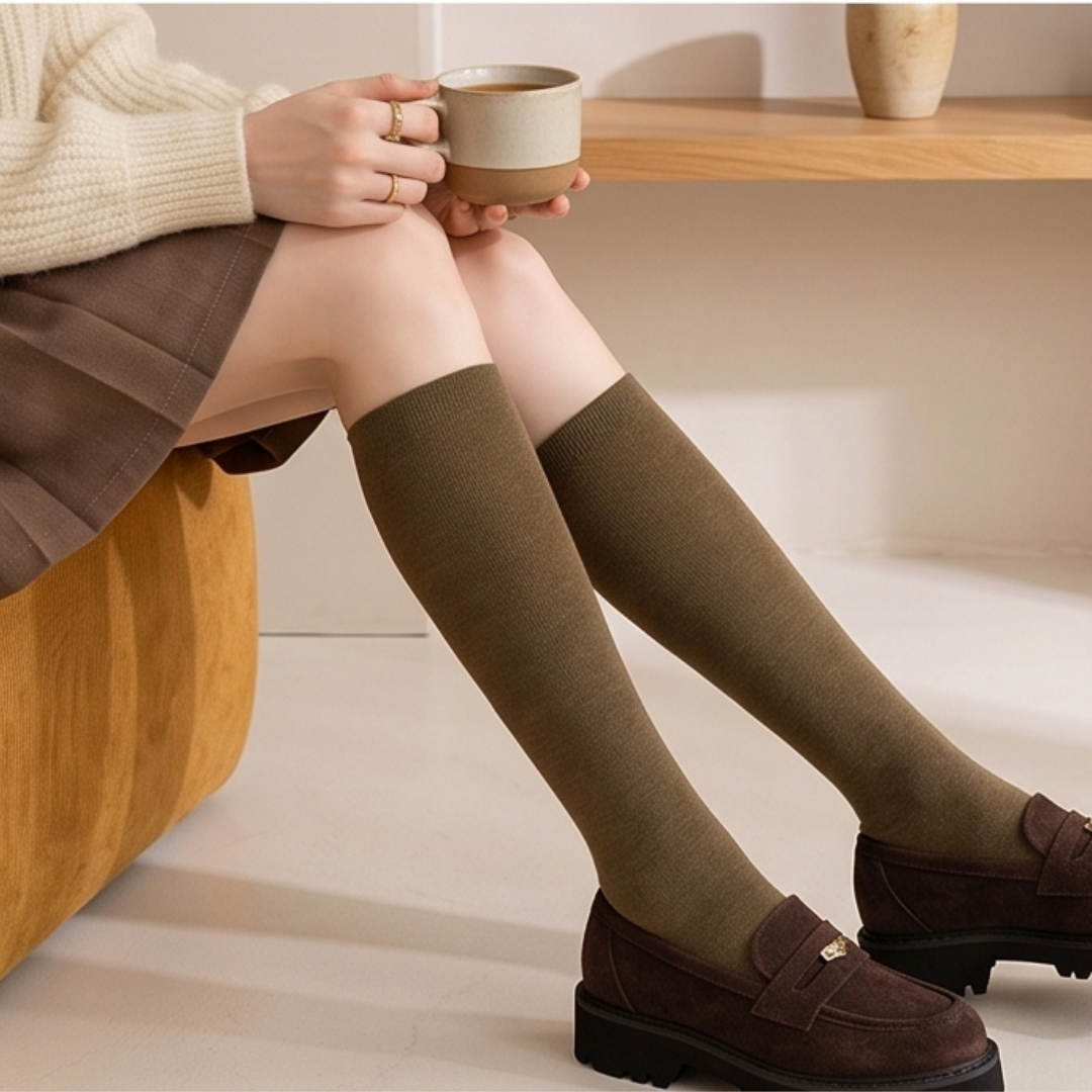 Merino wool knee socks in olive green wool, featuring a fine ribbed texture. Styled with a plaid skirt while holding a warm mug.