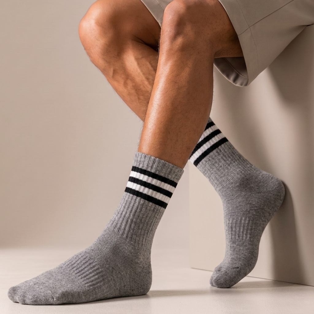 Merino wool thermal socks in gray with black varsity stripes, worn on the feet, side view.