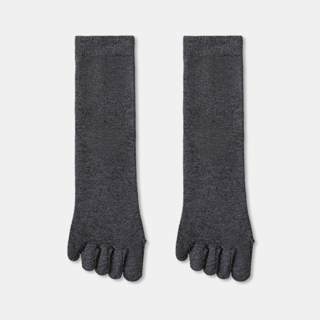 Merino wool toe socks in charcoal grey ribbed wool, featuring a snug five-toe fit. Shown flat as a pair on a light backdrop.