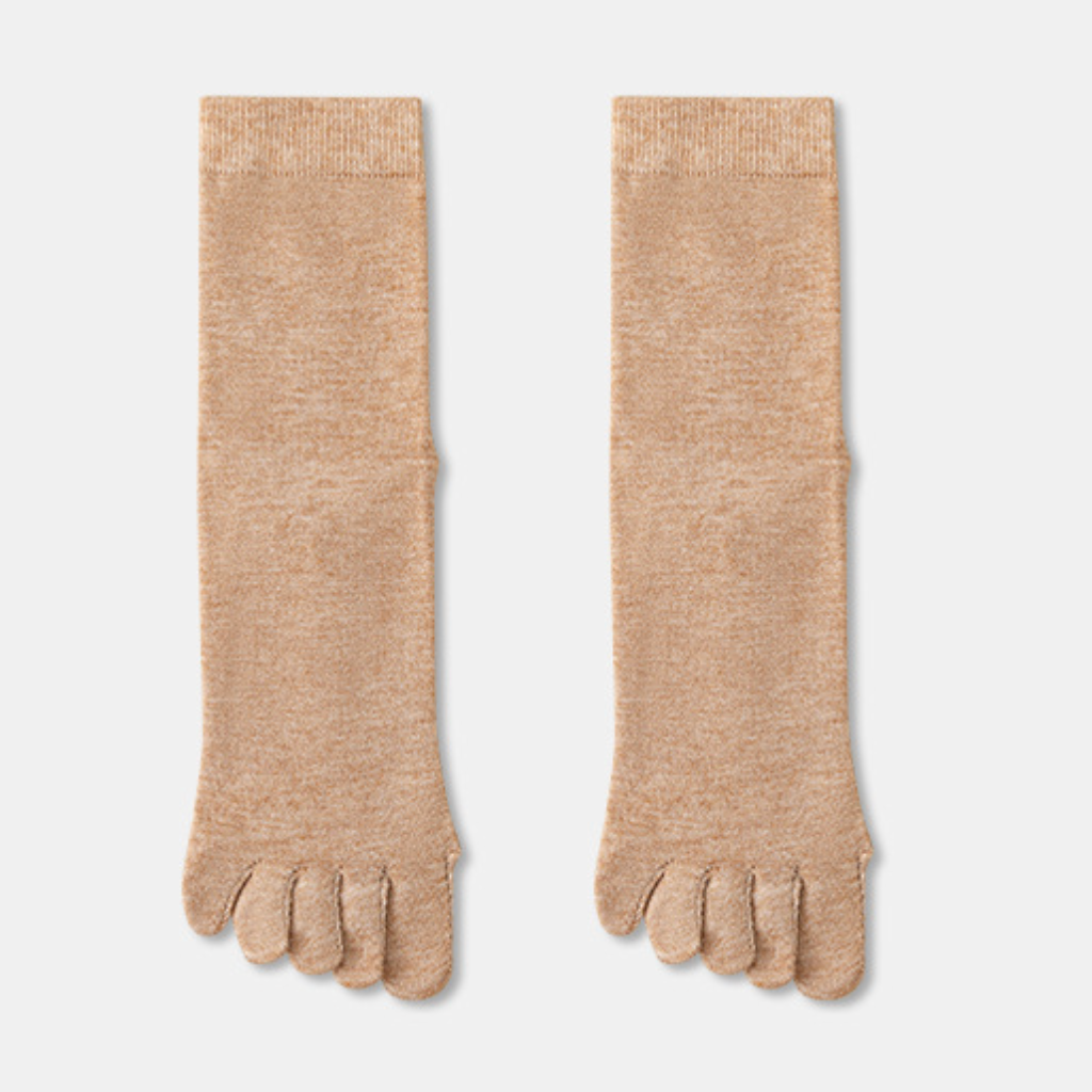 Merino wool toe socks in tan ribbed knit, featuring a warm five-toe design. Shown as a flat-lay pair.
