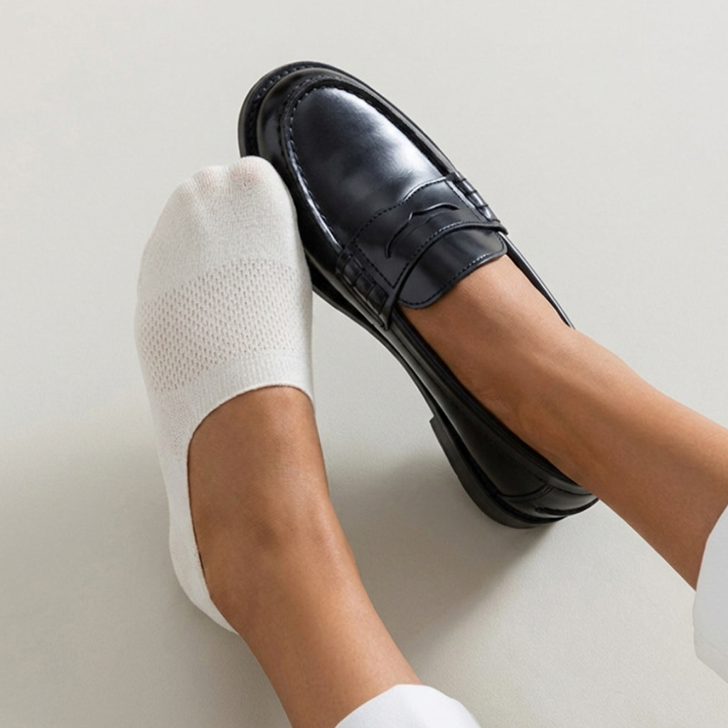 No show socks for loafers in white, worn on the feet sliding into black loafers, top view showing how the low cut stays hidden.