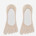 No show toe socks in beige with a white sole, featuring a hidden low-cut design. Shown as a flat-lay pair.