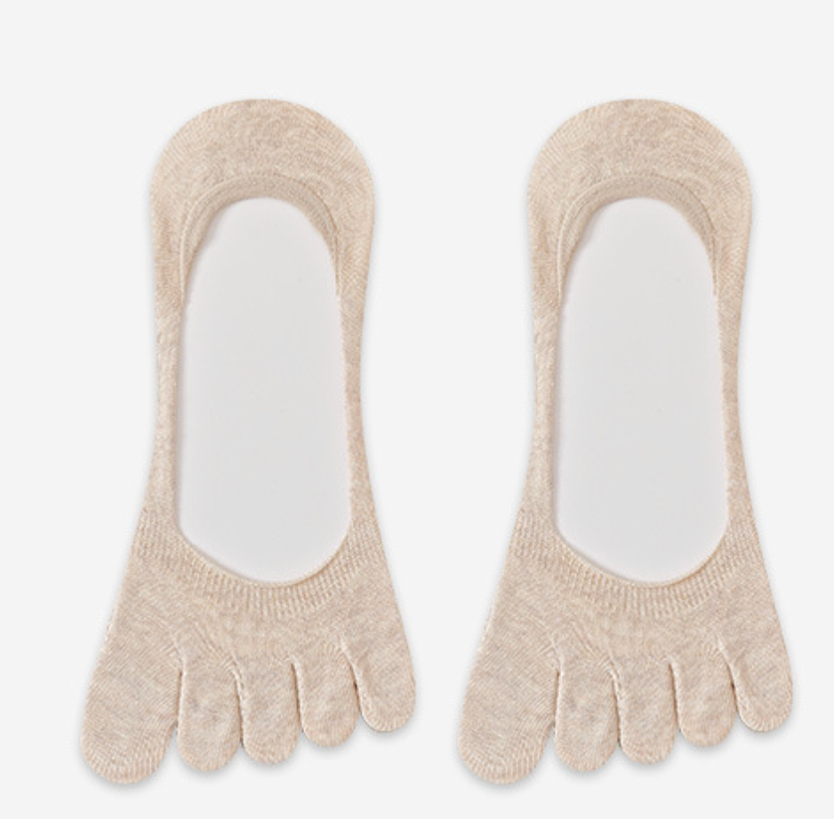 No show toe socks in beige with a white sole, featuring a hidden low-cut design. Shown as a flat-lay pair.