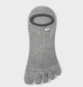 No show toe socks for men in heather grey, featuring a split five-toe design. Shown as a single flat-lay on a neutral backdrop.