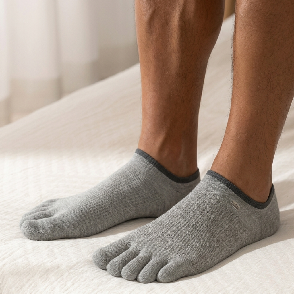 No show toe socks for men in grey five-toe knit, featuring individual toe pockets. Worn on feet resting on a bed.