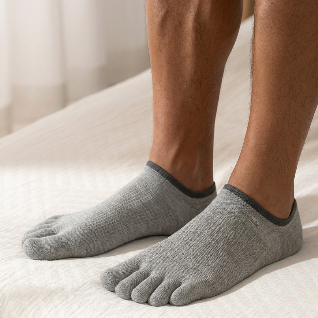 No show toe socks for men in grey five-toe knit, featuring individual toe pockets. Worn on feet resting on a bed.