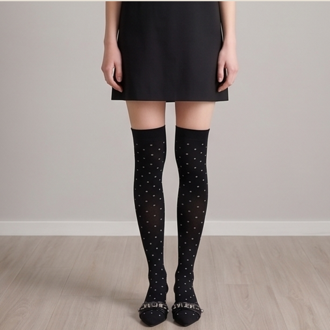 Over the knee socks in black sheer knit with dots, featuring a thigh-high leg. Worn with a black skirt.