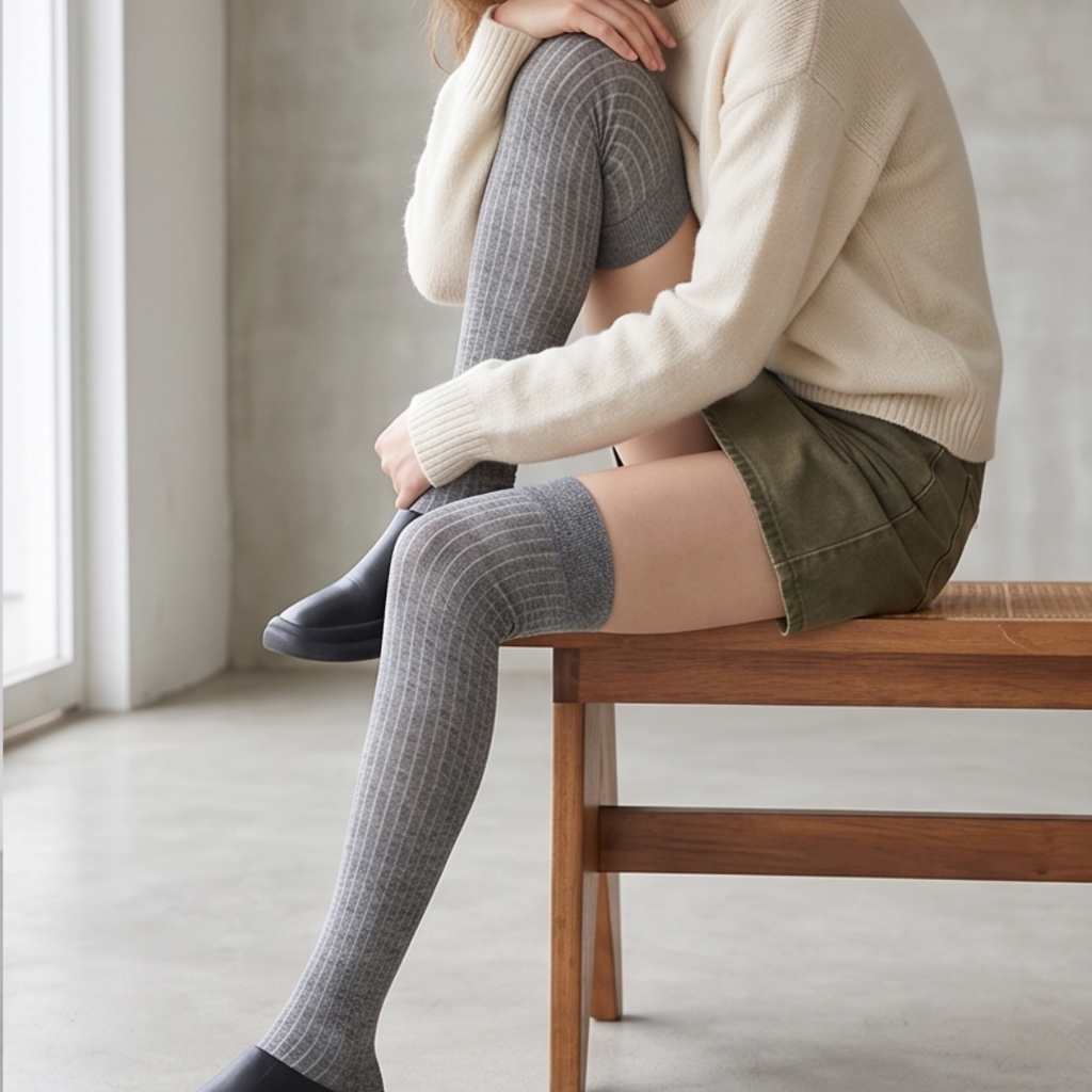 Over the knee socks for ladies in heather grey ribbed knit, featuring a long leg. Shown seated on a bench.