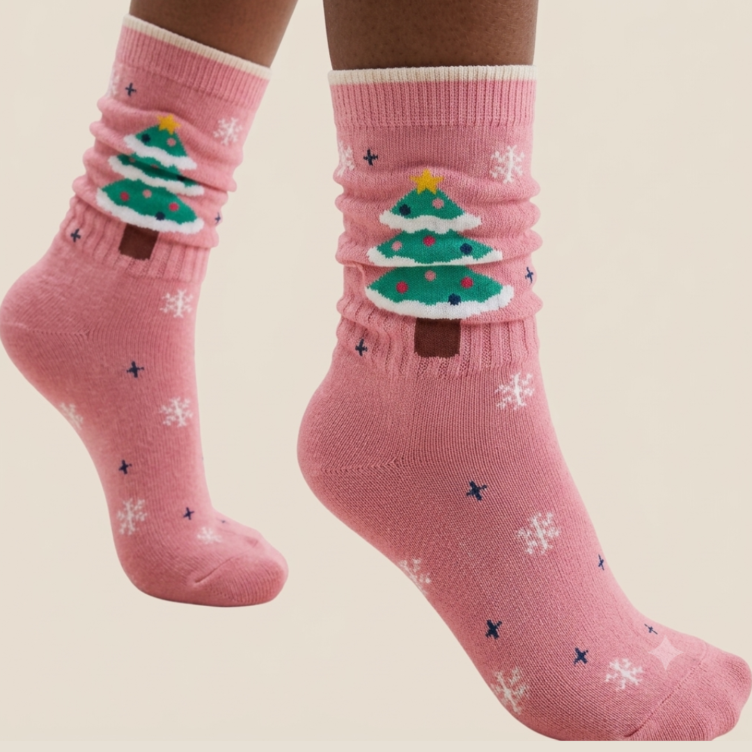 Pink Christmas socks with a Christmas-tree and snowflake print, worn on the legs, front view.