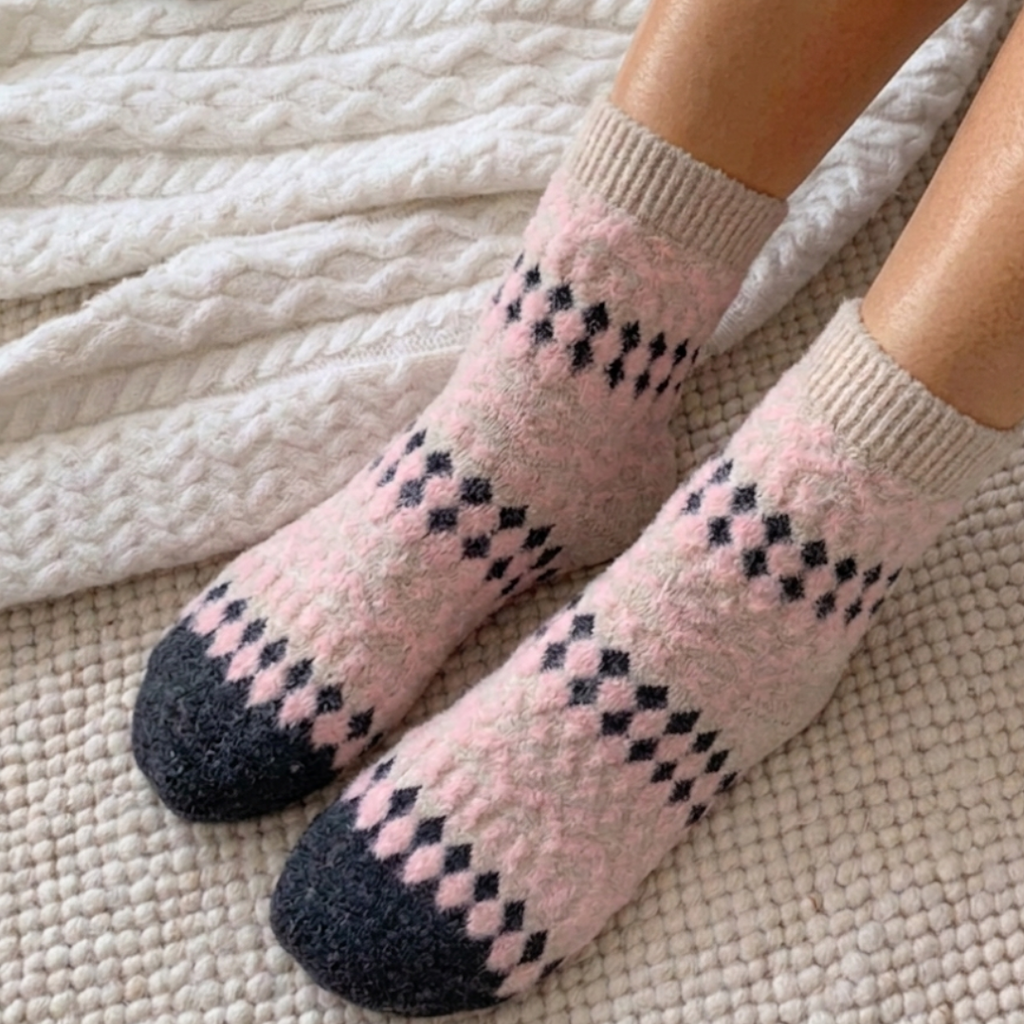 Pink fair isle socks in a soft fuzzy Fair Isle diamond pattern, worn on the feet in a cozy setting.
