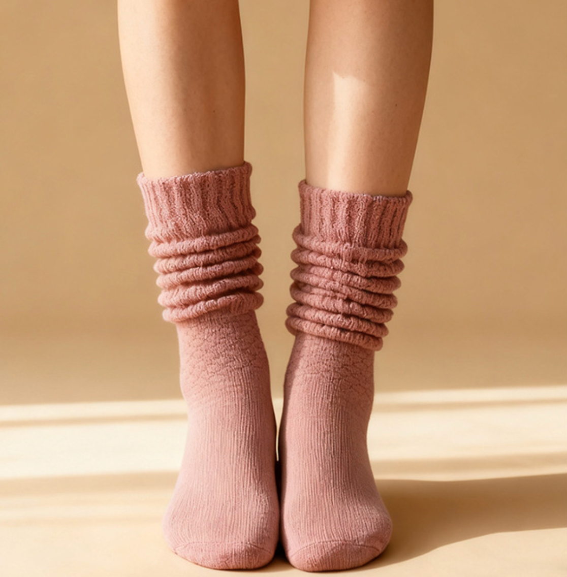 Pink slouch socks in dusty mauve knit, featuring a scrunched slouchy leg. Worn on the legs in a relaxed style.