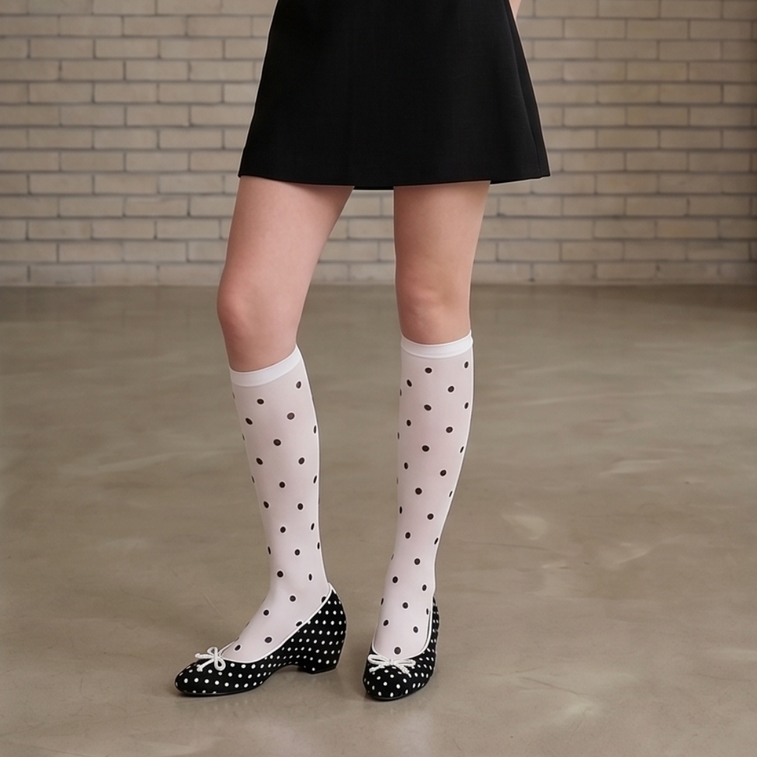 Polka dot knee socks in white with black dots, featuring a sheer mesh leg. Worn with a black skirt.