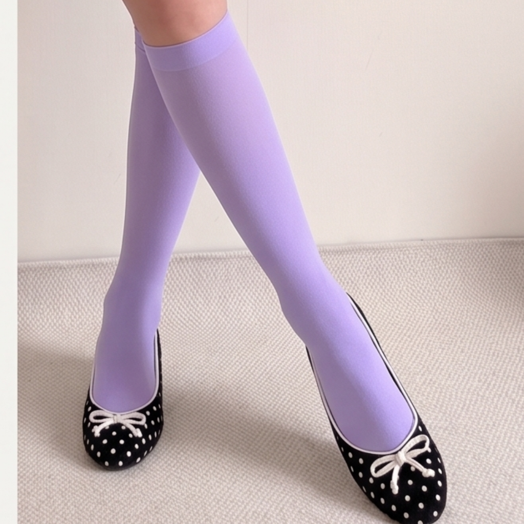 Purple knee socks in soft lavender knit, featuring a fine sheer texture. Shown worn on legs with bow-trimmed flats.