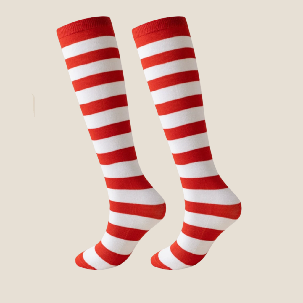 Red and white striped knee socks in bold red and white bands, featuring a smooth knit. Shown as an upright flat-lay pair.