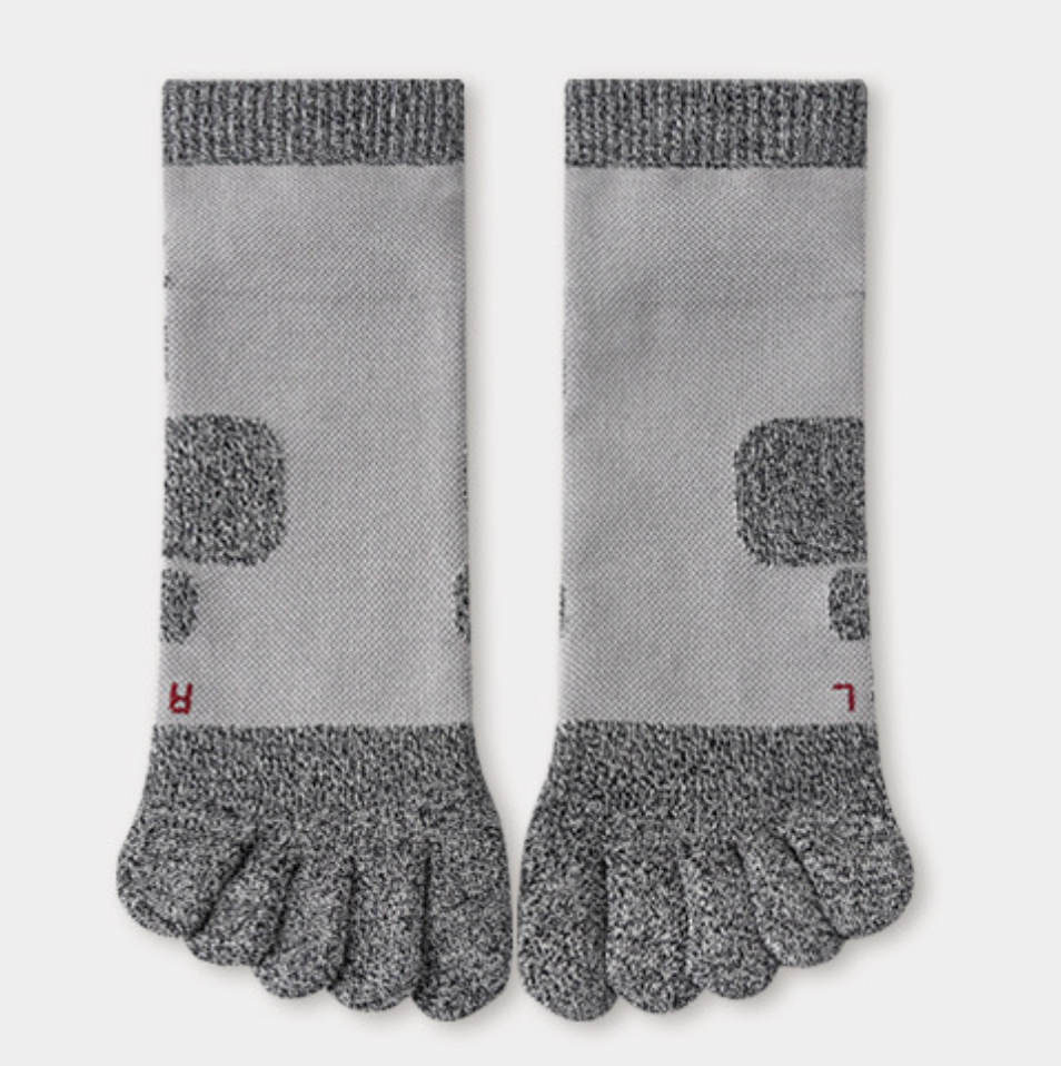 Running toe socks in grey athletic knit, featuring targeted cushion padding. Displayed flat as a pair to show the design.