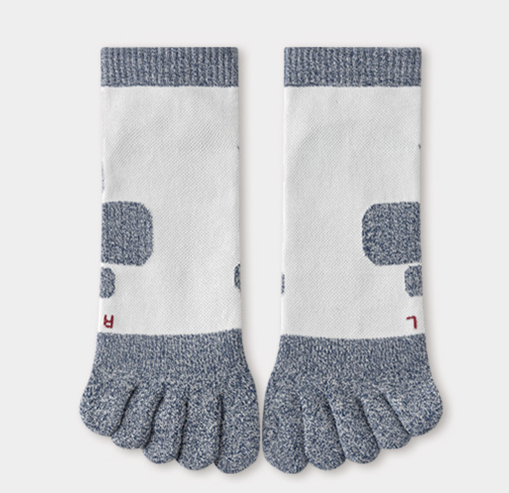Running toe socks in white with grey cushioned zones, featuring individual toe pockets. Shown as a flat-lay pair.