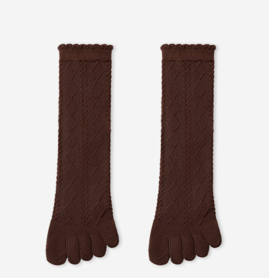 Separate toe socks in dark brown pointelle knit, featuring a scalloped openwork cuff. Displayed flat as a pair on a neutral backdrop.