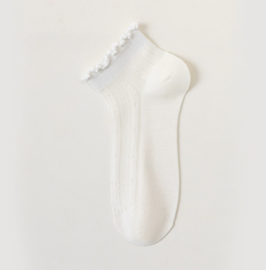Sheer ankle socks in white, featuring a ruffled sheer cuff. Displayed flat on a neutral surface.