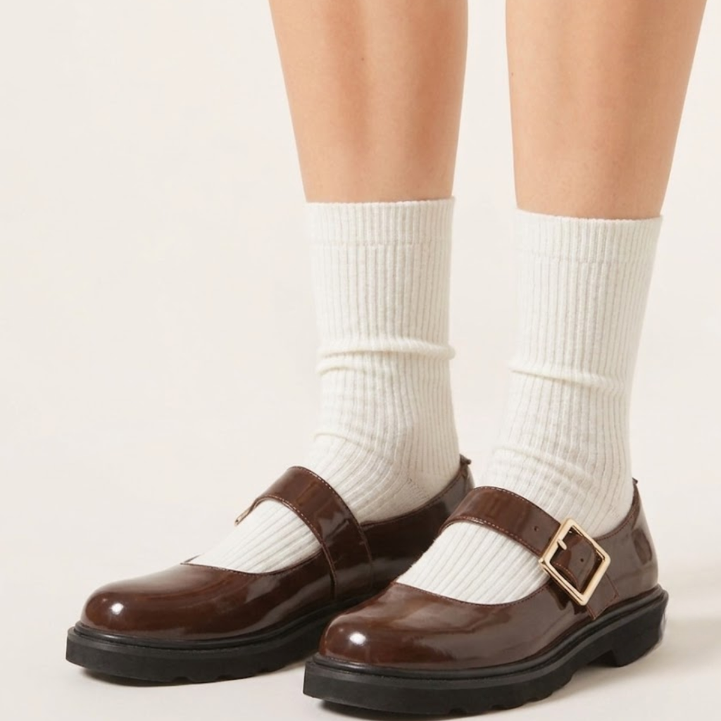 Socks for loafers women in white ribbed knit, lightly slouched and styled with brown buckled Mary Jane loafers, side view.