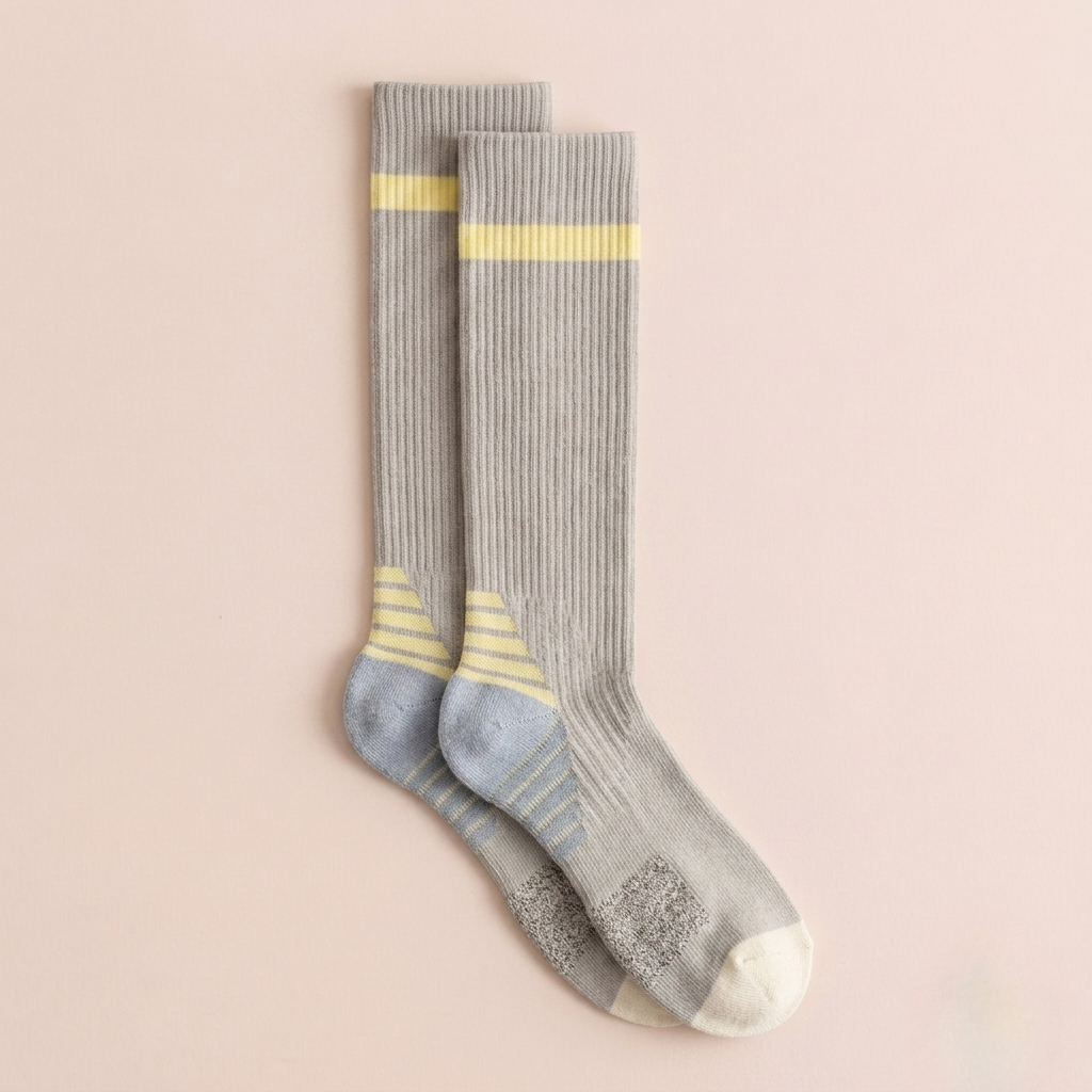 Sport knee socks in grey with yellow stripe accents, featuring a cushioned athletic knit. Displayed flat as a pair.