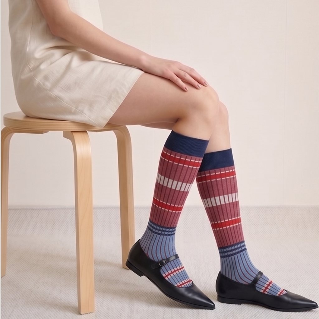 Striped high knee socks in red and blue stripes, featuring a retro banded design. Worn on legs while seated on a wooden stool.