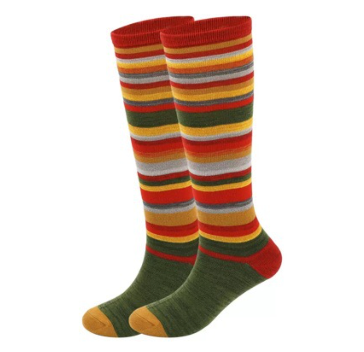 Striped knee high socks in rainbow stripes with a green toe and yellow heel, featuring a playful design. Shown as a flat-lay pair.