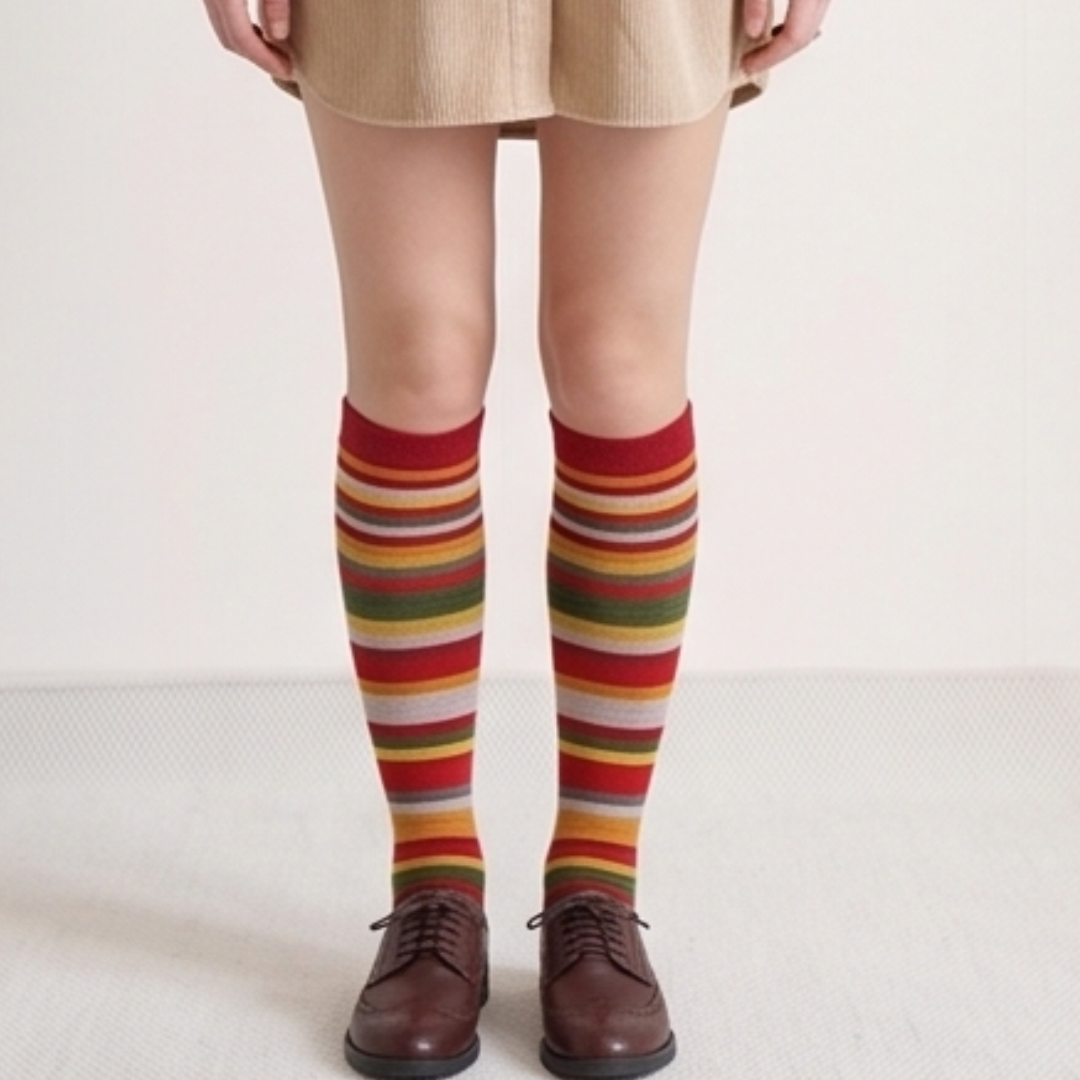Striped knee high socks in red, green and multicolor stripes, featuring a bold pattern. Worn standing with brown shoes.
