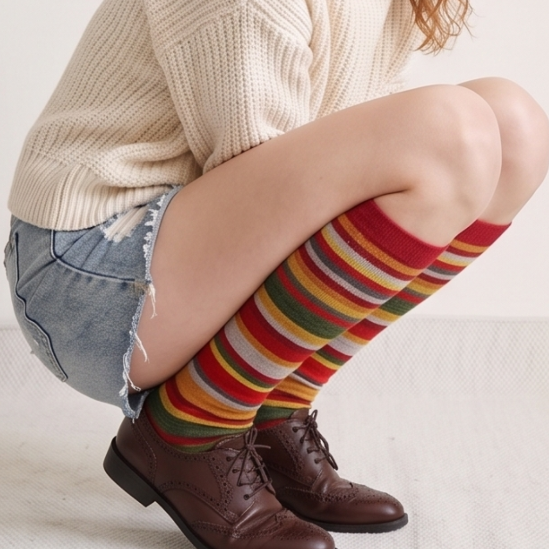Striped knee high socks in multicolor rainbow stripes, featuring a retro banded knit. Worn seated with denim shorts and brown boots.