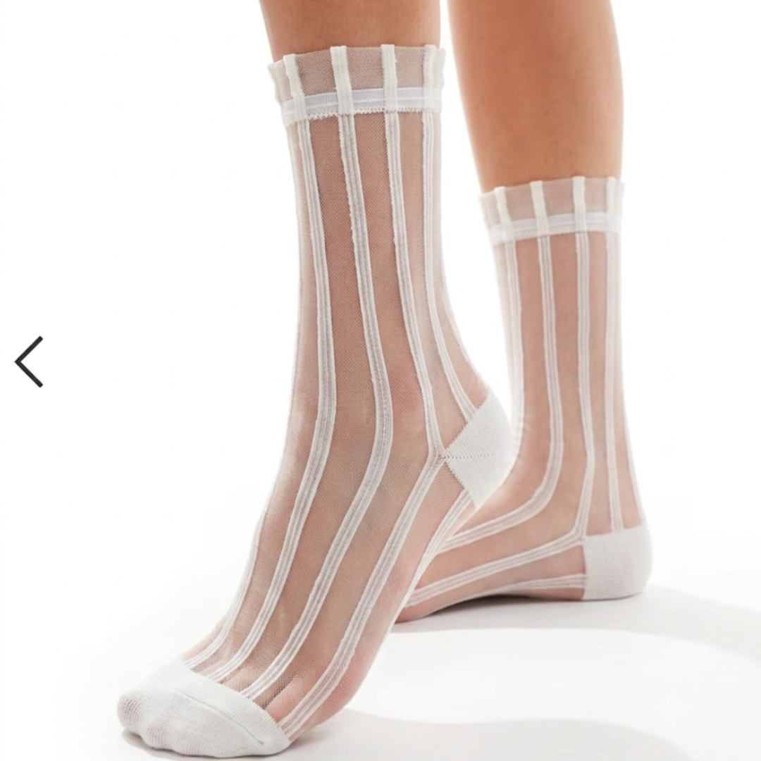 Striped sheer socks in white with vertical sheer stripes, worn on the legs, front view.