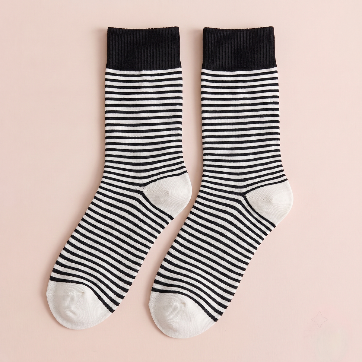 Striped wool dress socks in navy and white stripes with a cream toe, featuring a banded cuff. Displayed flat as a pair.