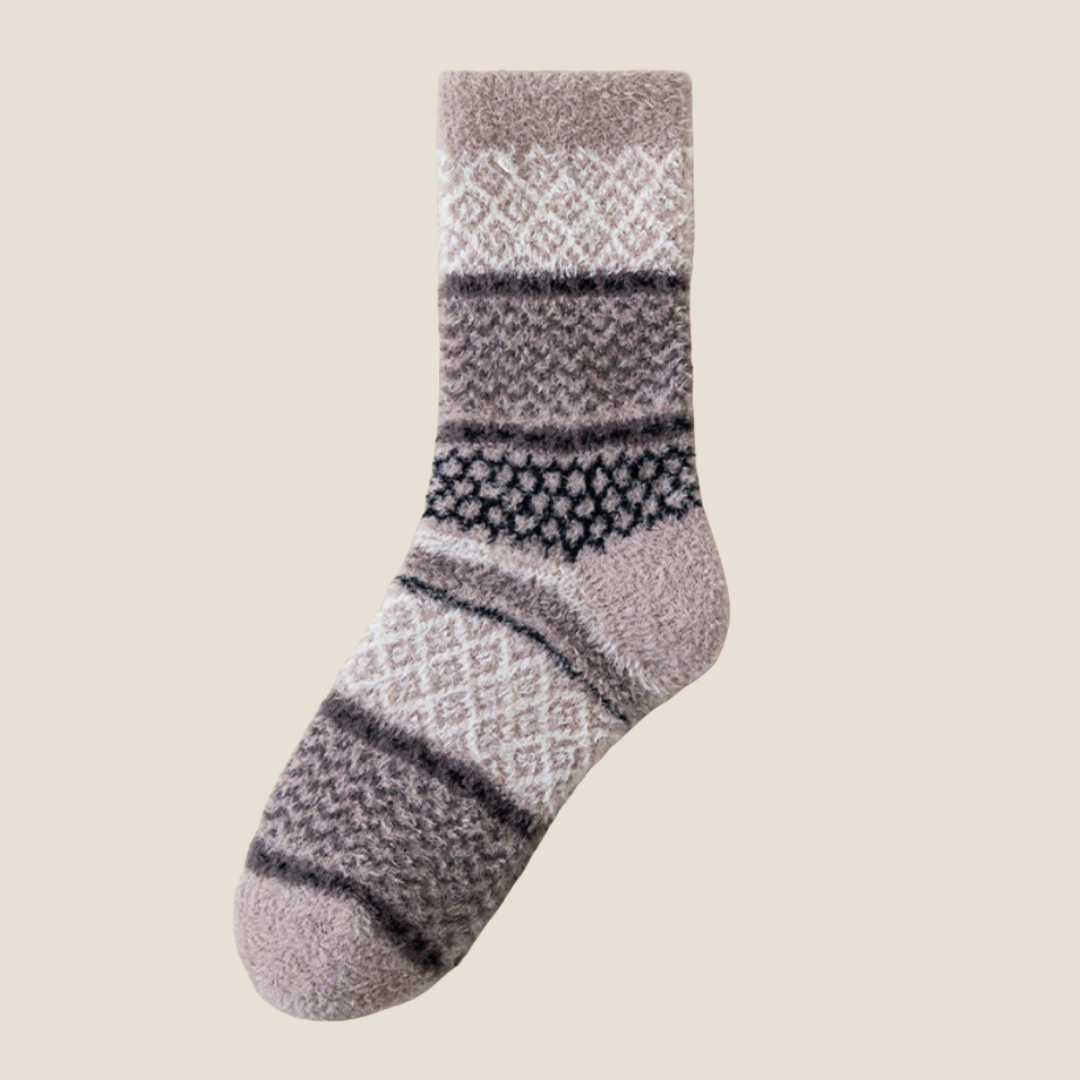 Super warm socks in taupe grey, featuring a Nordic diamond pattern band. Displayed flat to highlight the cozy knit.