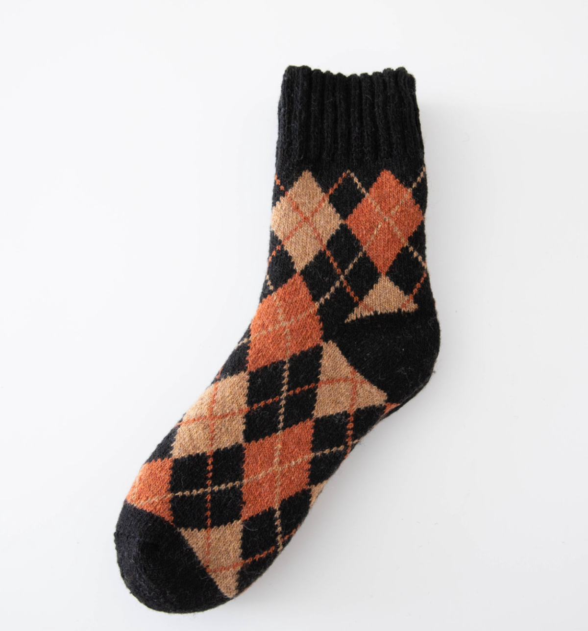 Thermal socks for work in black argyle wool with orange accents, single sock laid flat.