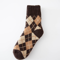 Thermal socks for work in coffee brown argyle wool, a single sock shown flat to display the diamond knit.