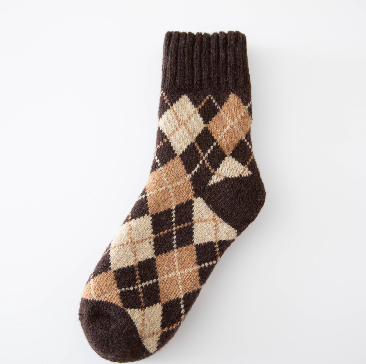 Thermal socks for work in coffee brown argyle wool, a single sock shown flat to display the diamond knit.