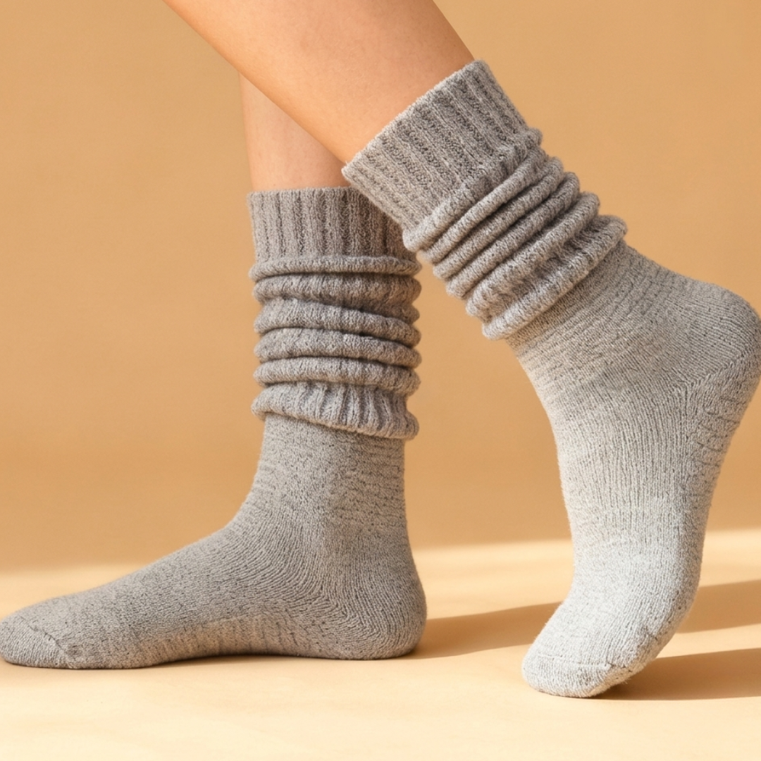 Thick slouch socks in grey knit, featuring a chunky scrunched leg. Worn on the legs for a cozy look.