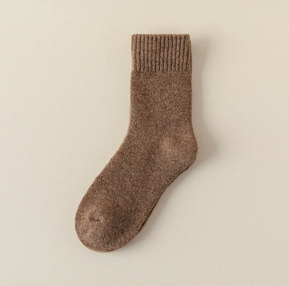 Thick socks for men in warm brown, featuring a thick ribbed weave. Displayed flat to show the wool-blend texture.