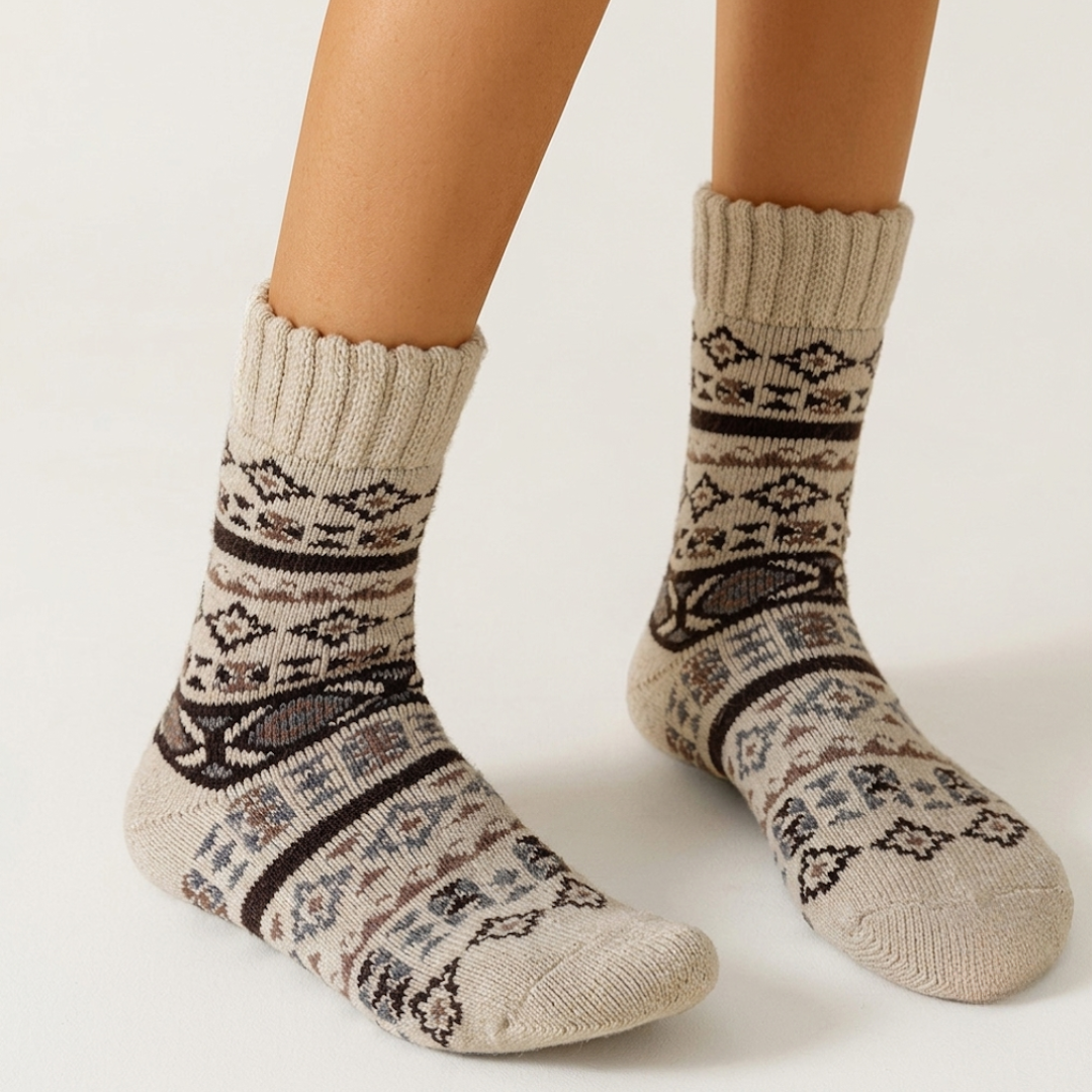Thick socks for women in cream wool, featuring a brown Nordic Fair Isle pattern. Worn on legs for a cozy winter look.