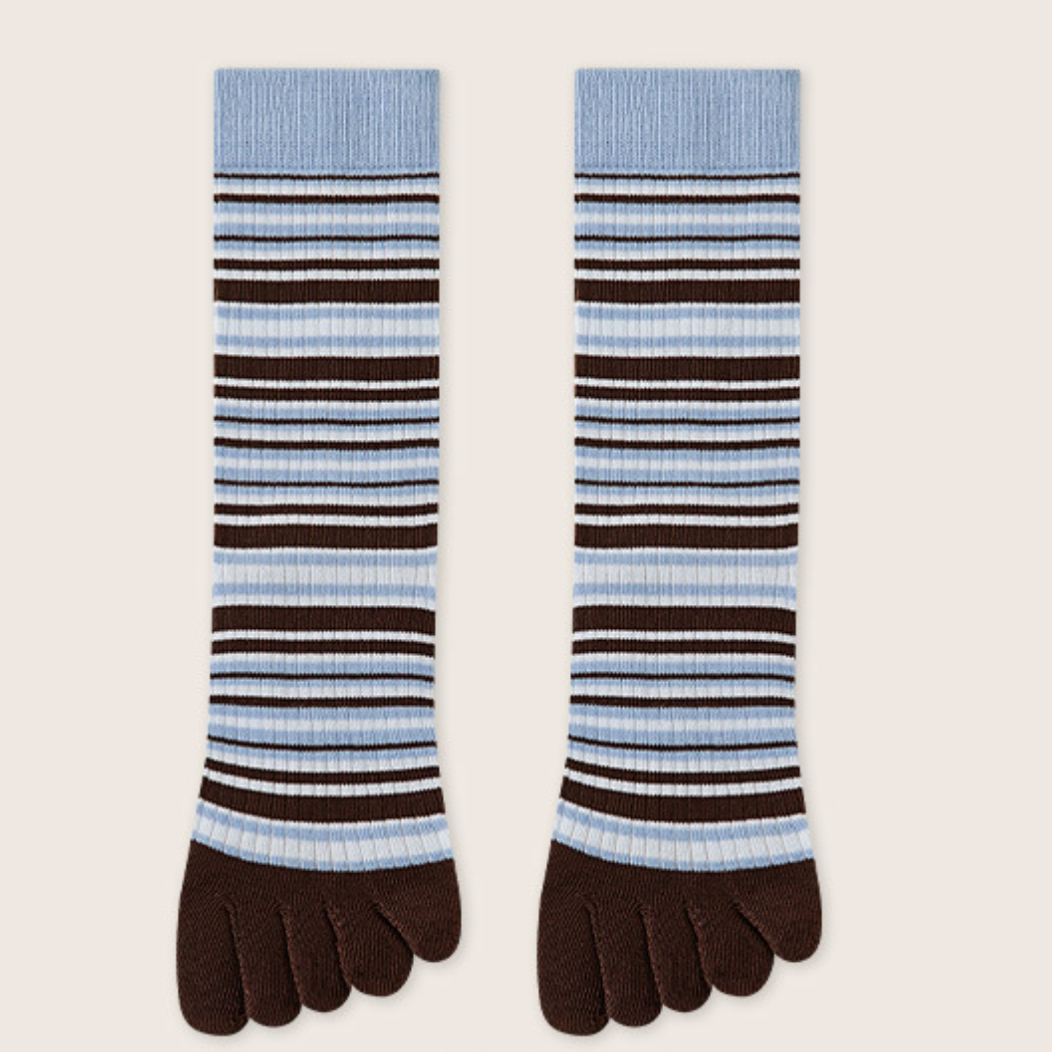 Toe socks for ladies in light blue, brown and cream stripes, featuring a five-toe design. Shown flat as a pair on a neutral surface.