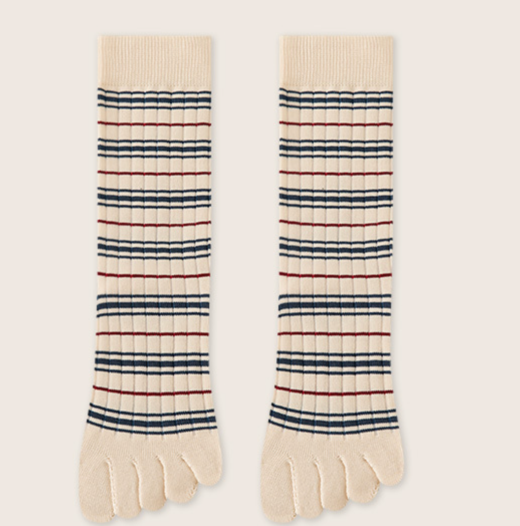 Toe socks for ladies in cream with navy and red stripes, featuring a five-toe design. Shown as a flat-lay pair.