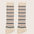 Toe socks for ladies in cream with navy and red stripes, featuring a five-toe design. Shown as a flat-lay pair.