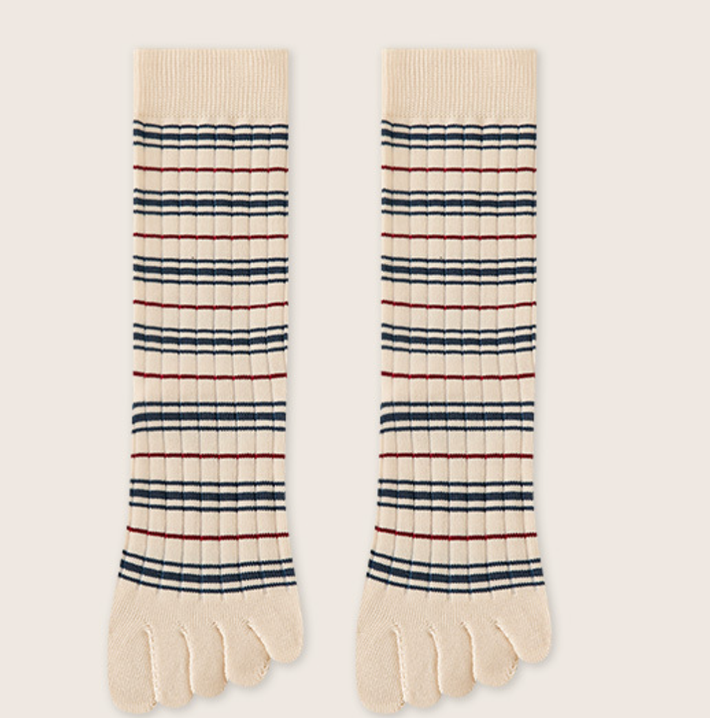 Toe socks for ladies in cream with navy and red stripes, featuring a five-toe design. Shown as a flat-lay pair.