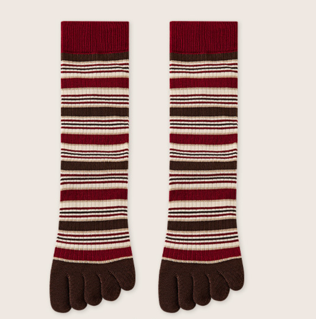 Toe socks for ladies in red and cream stripes with a brown toe, featuring individual toe pockets. Displayed flat as a pair.